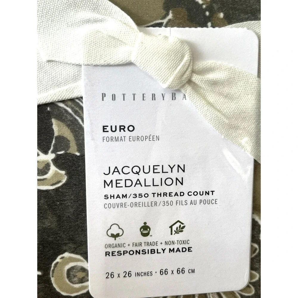 Pottery Barn JACQUELYN MEDALLION Organic EURO Sateen Sham Gray (2) NWT